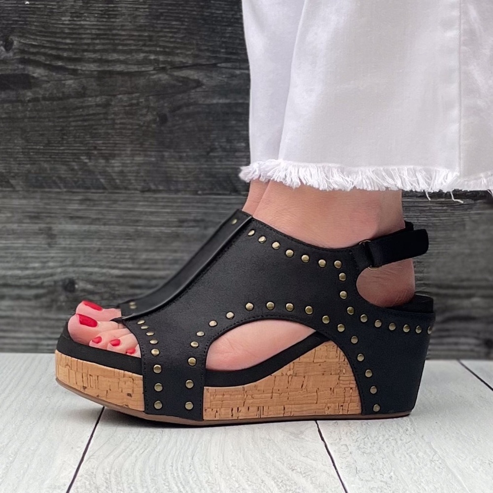 Corkys Footwear Carley Wedge Sandal Black Oil PU with Studs is a closet staple - Picture 6 of 11